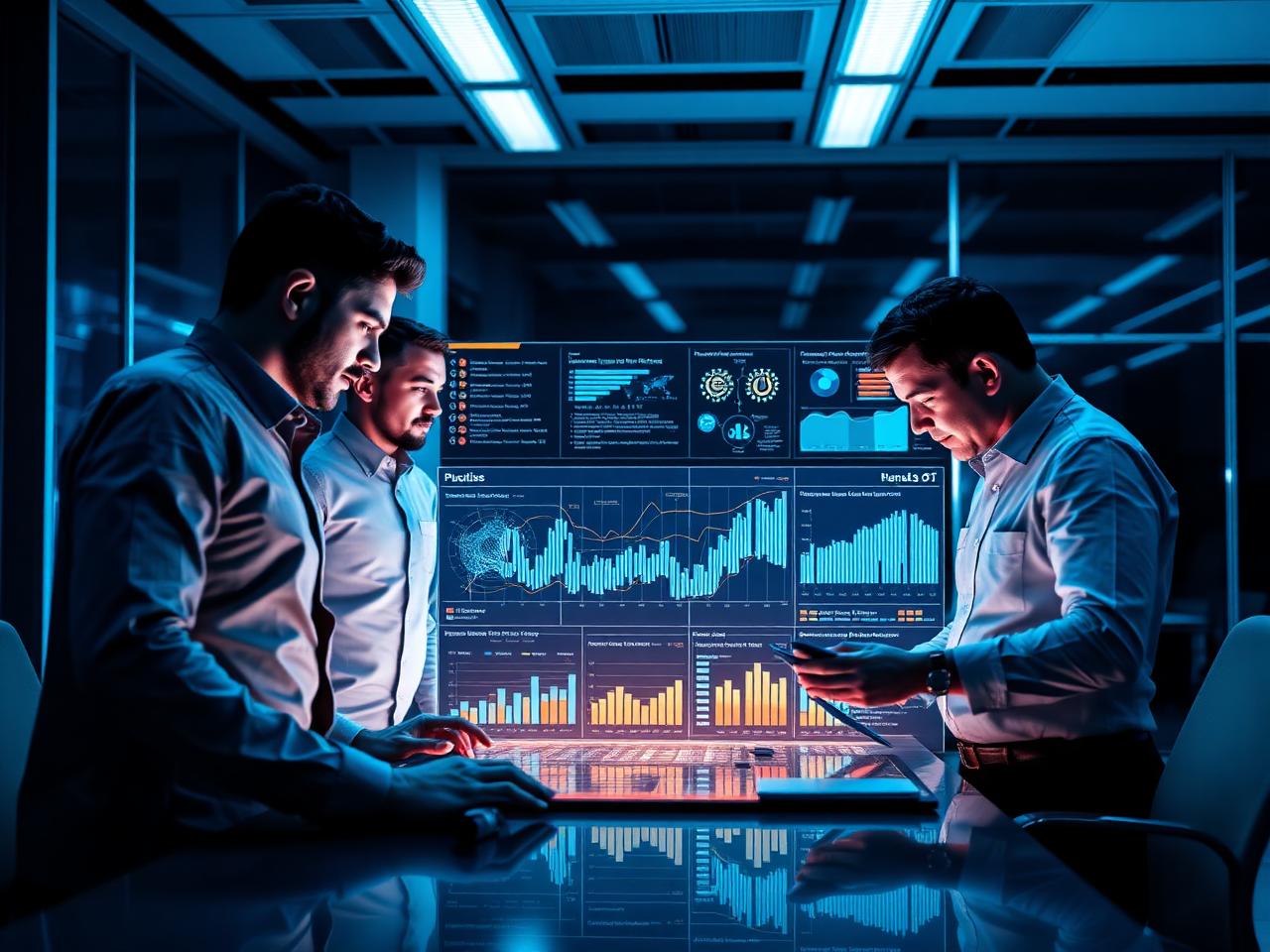 Security analysts reviewing AI model analytics on a glowing dashboard