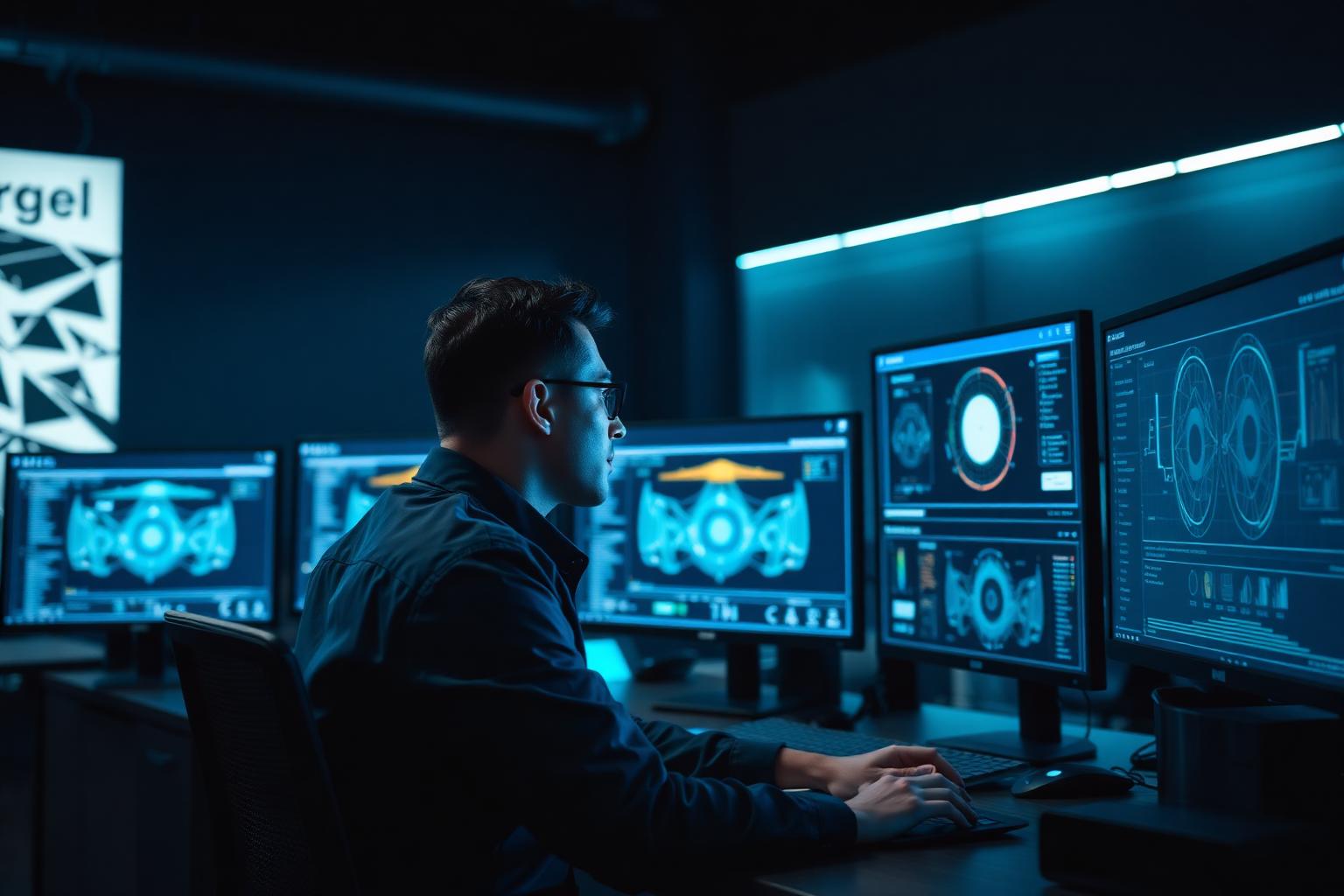 Security engineer monitoring AI model dashboards in a dark SOC