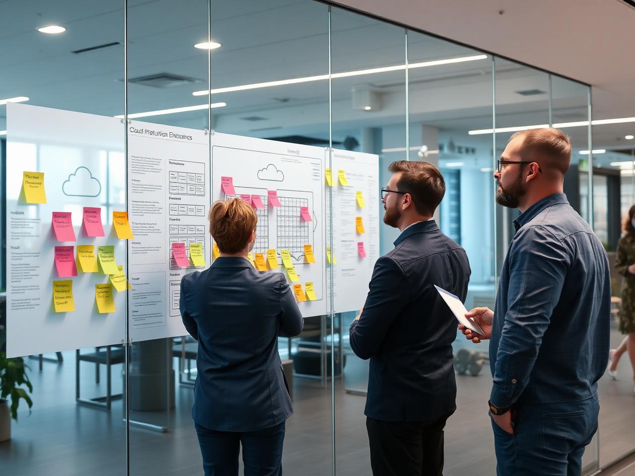 Cloud architects planning infrastructure on a glass diagram wall