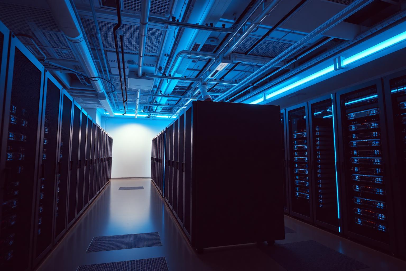 Modern data center aisle with server racks and blue lighting