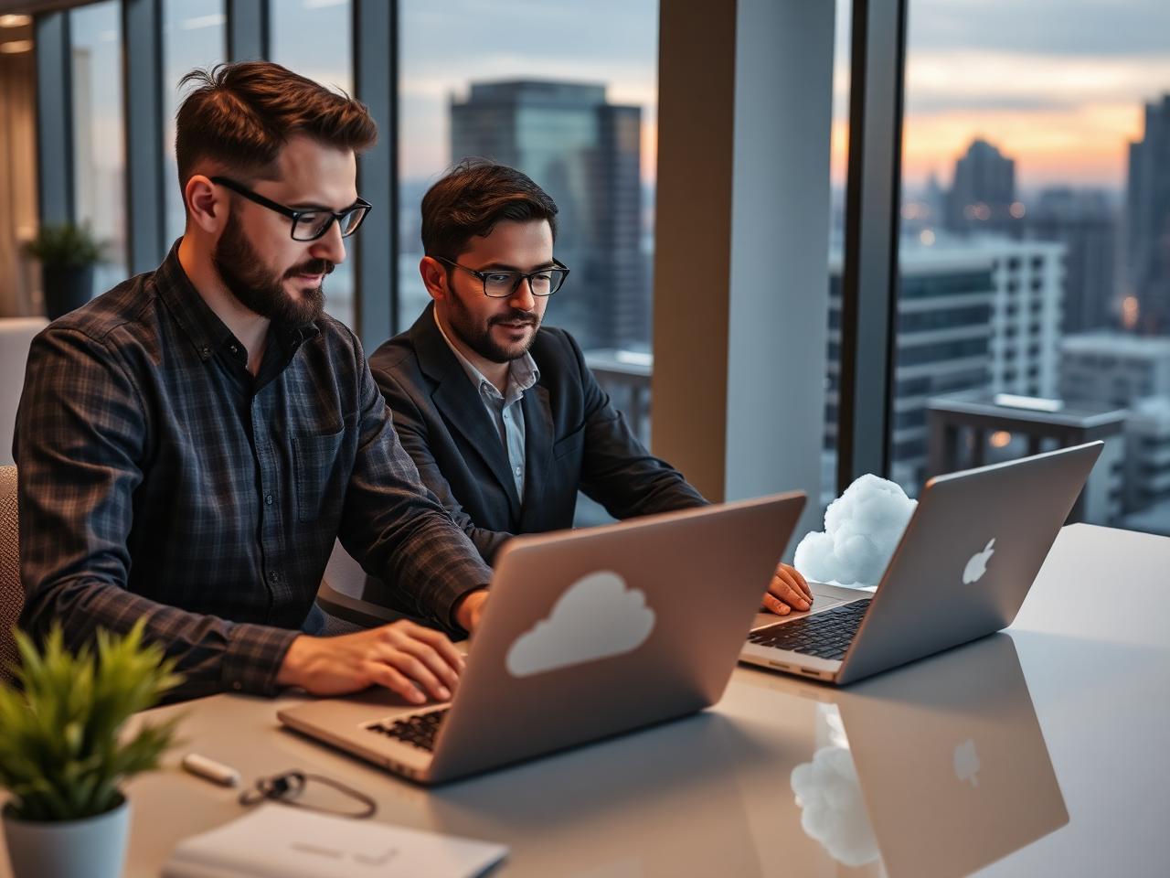 Engineers tracking workload migration progress on laptops