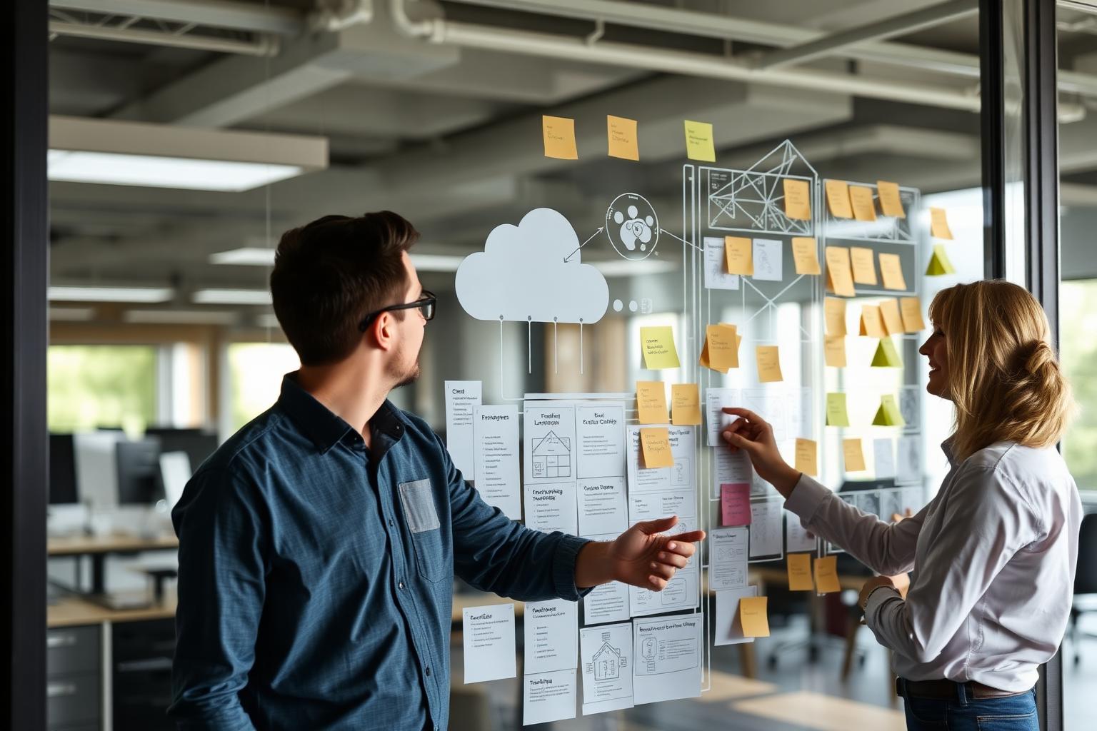 Cloud engineers planning a migration on a glass diagram wall