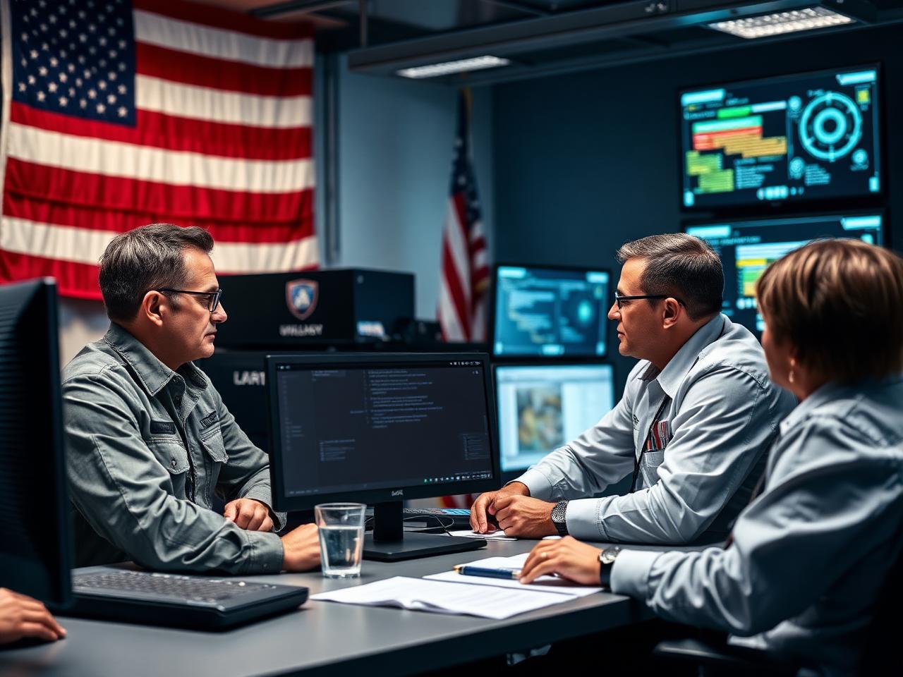 Defense contractor team reviewing compliance requirements in a secure facility