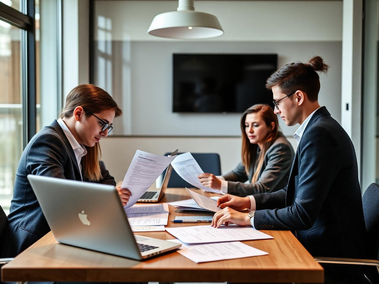 Compliance team reviewing audit documents in a modern conference room
