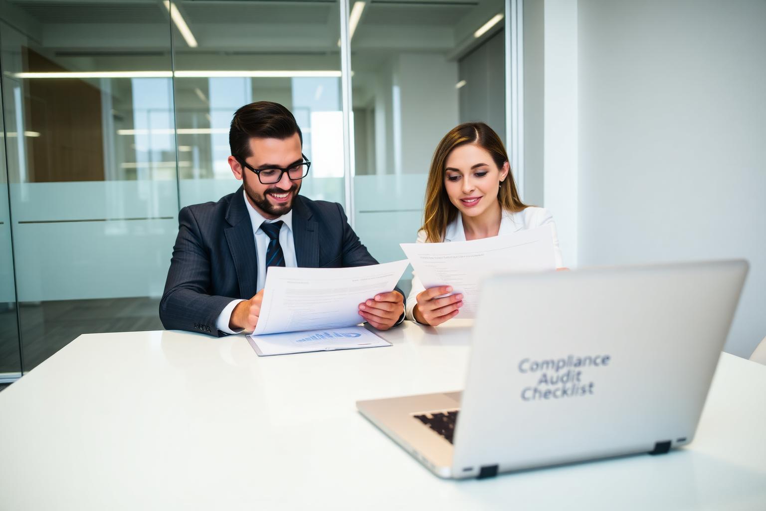 Professionals reviewing compliance audit checklists in a bright office