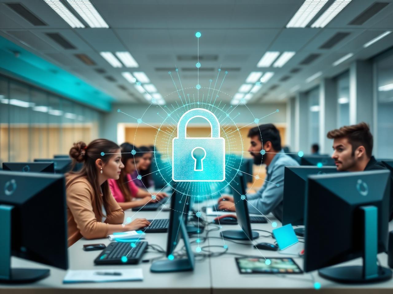 University computer lab with students and a digital lock overlay