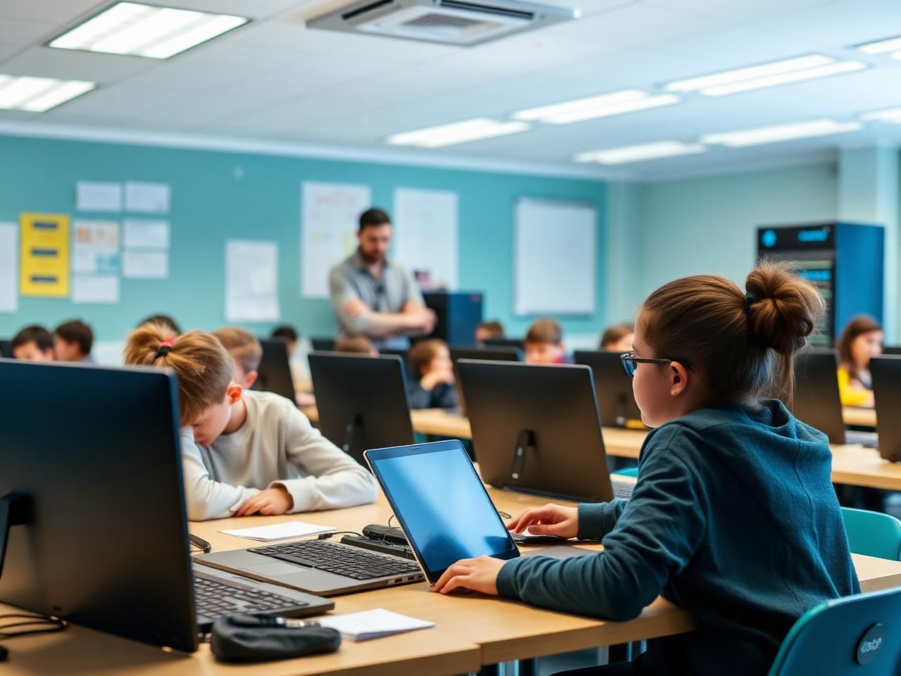 K-12 classroom full of laptops with IT staff securing the network