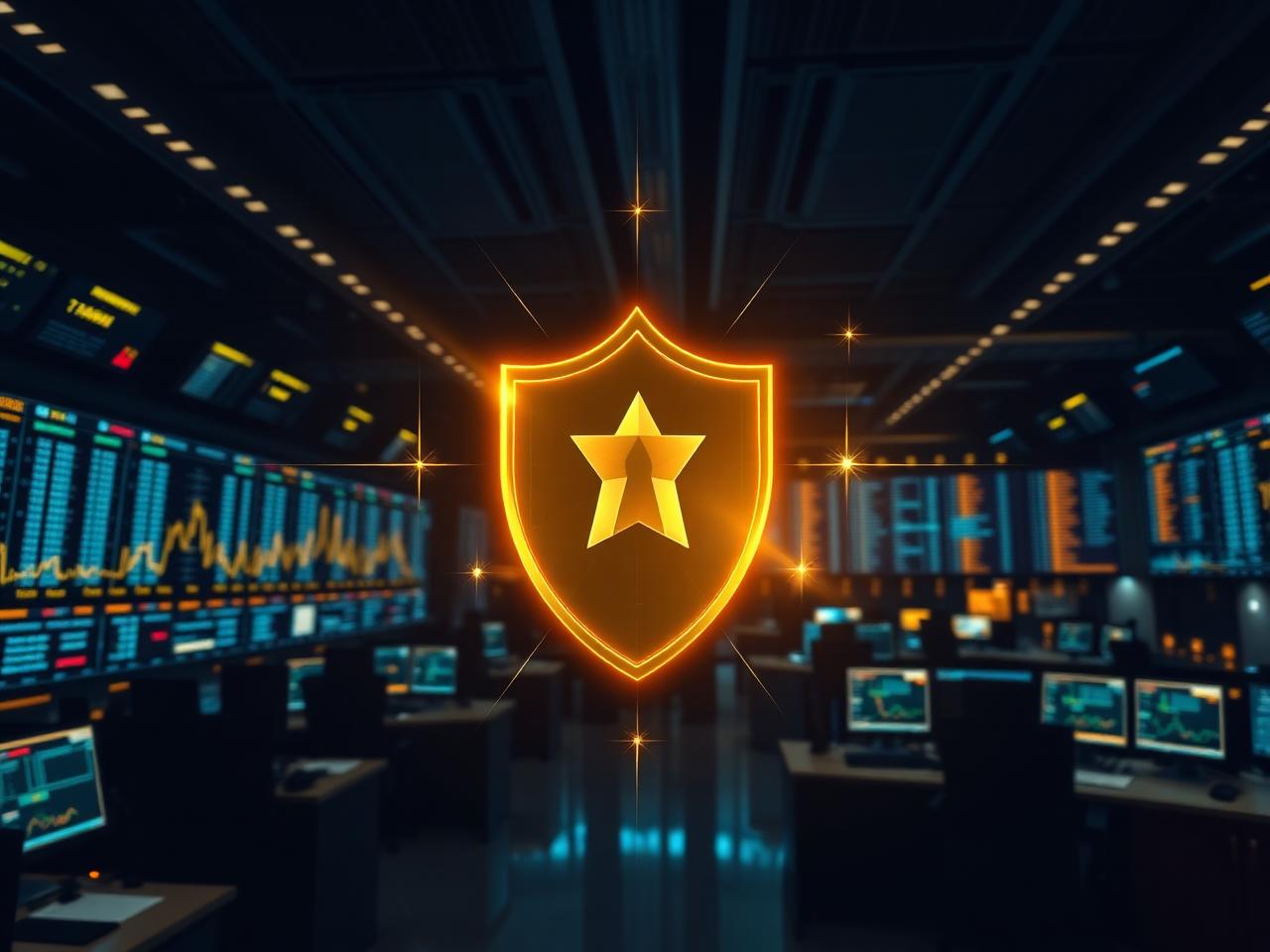 Trading floor with data screens and a glowing security shield overlay