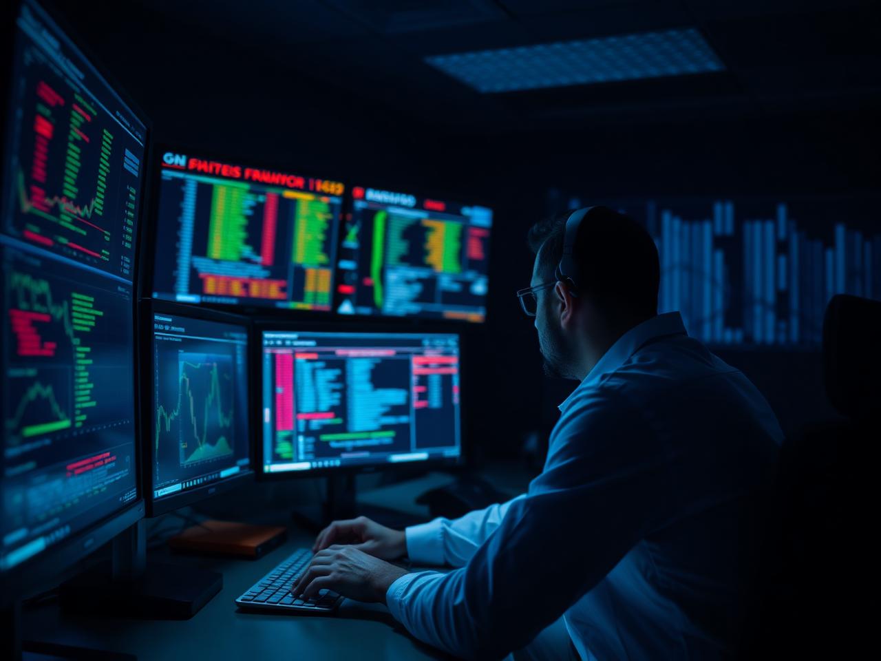 Fraud analyst monitoring transaction anomalies on multiple screens
