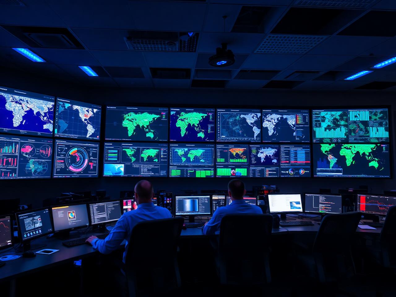 Government security operations center with threat-intel maps on a video wall