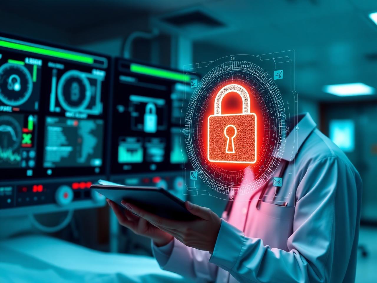 Clinician using a tablet beside glowing medical monitors with a security lock overlay