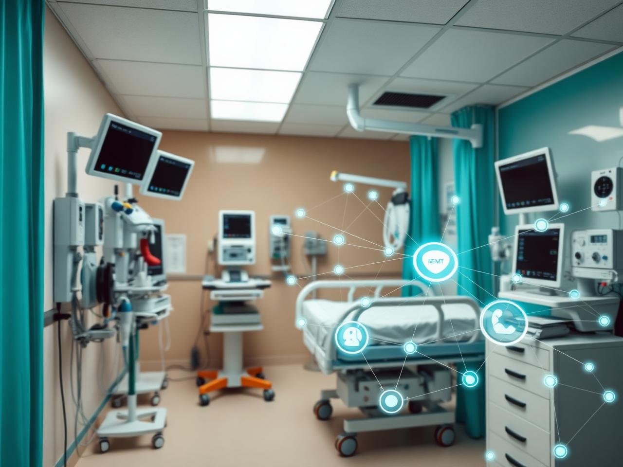 Connected medical devices in a hospital ward with network visualization overlay