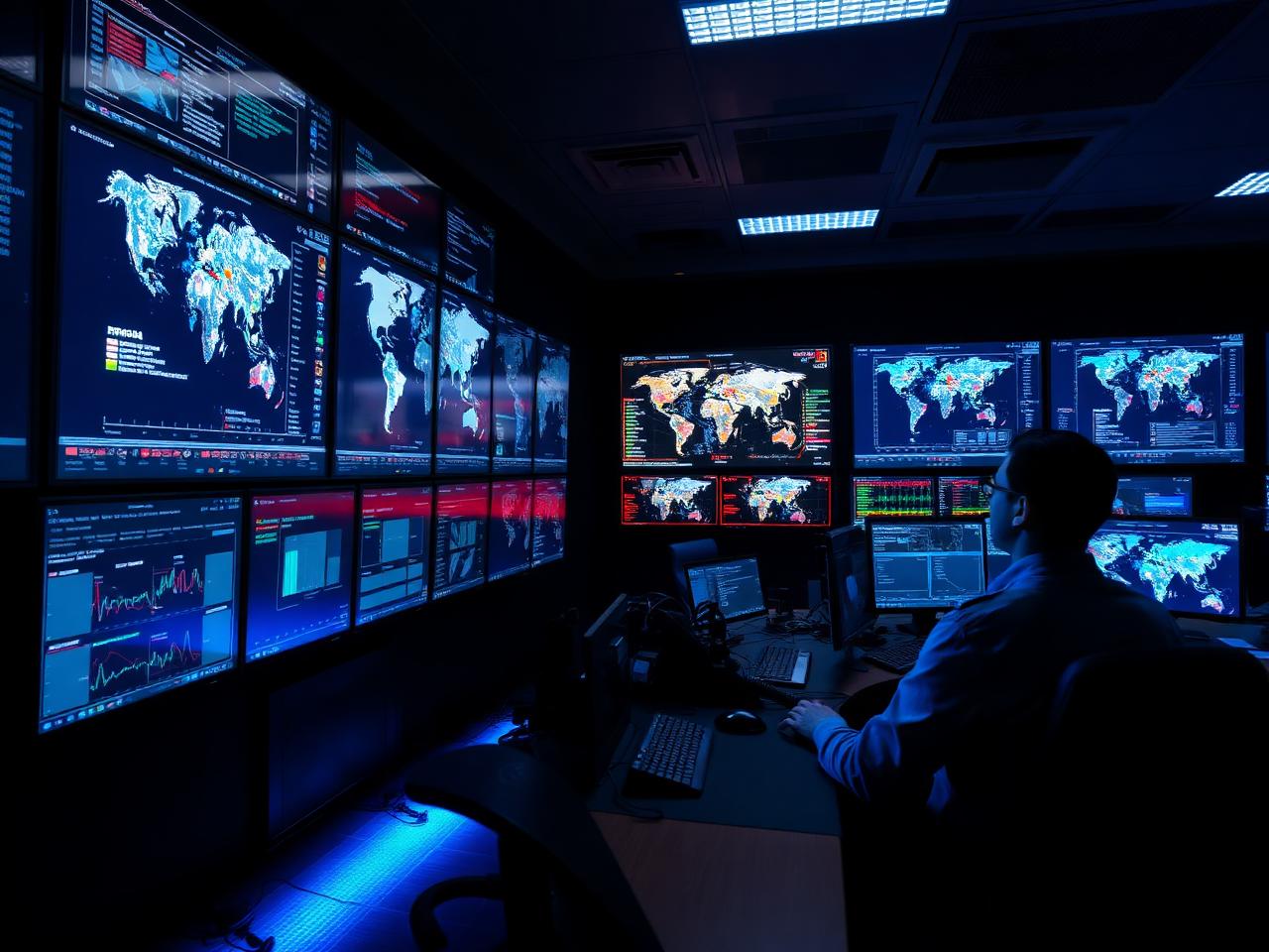 Analyst watching a global threat map in a darkened security operations center