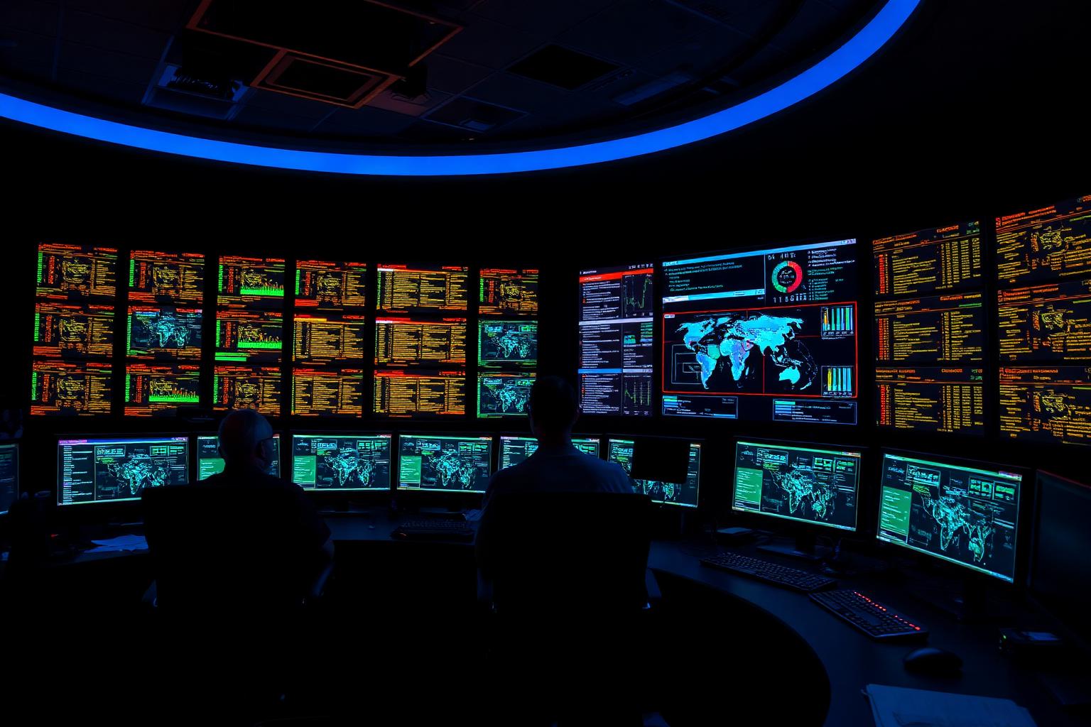 Analysts monitoring a wall of threat dashboards in a 24/7 SOC