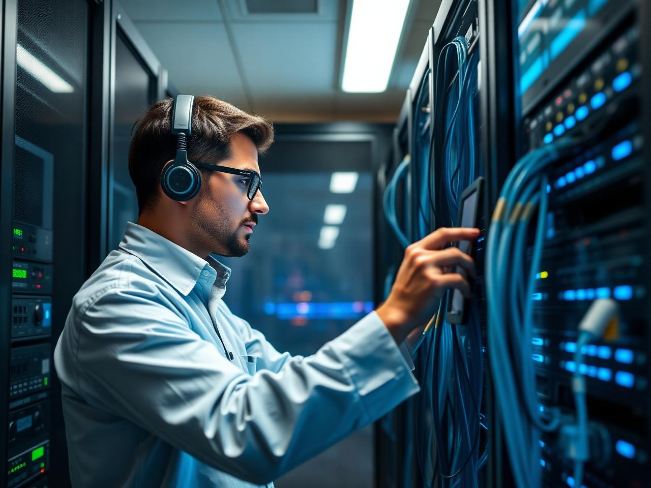 IT technician maintaining network equipment in a server room
