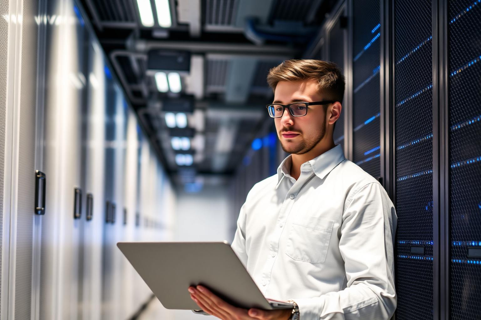 IT technician with a laptop in a modern server room aisle