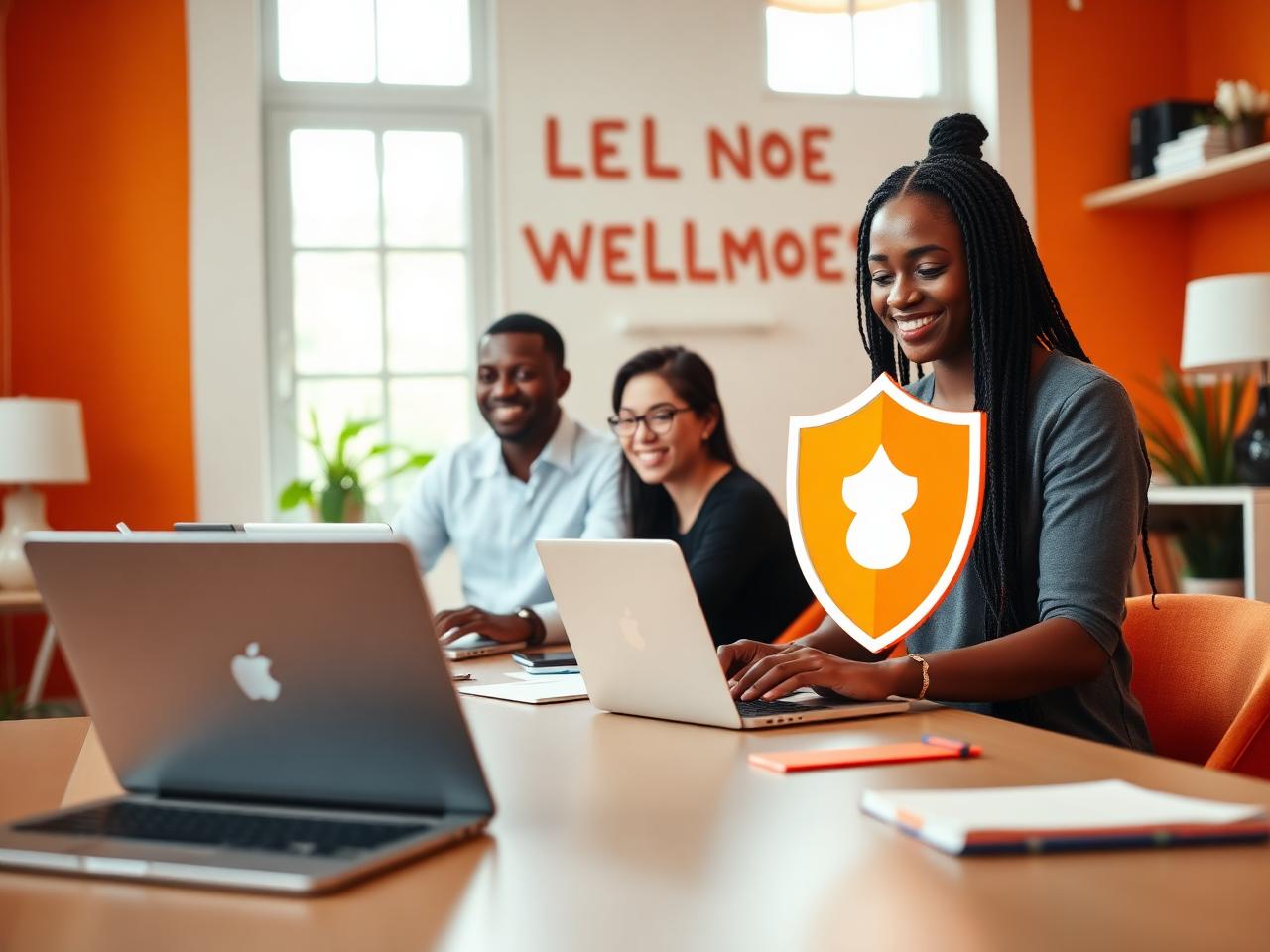 Non-profit team working in a warm office with a donor-data protection shield overlay