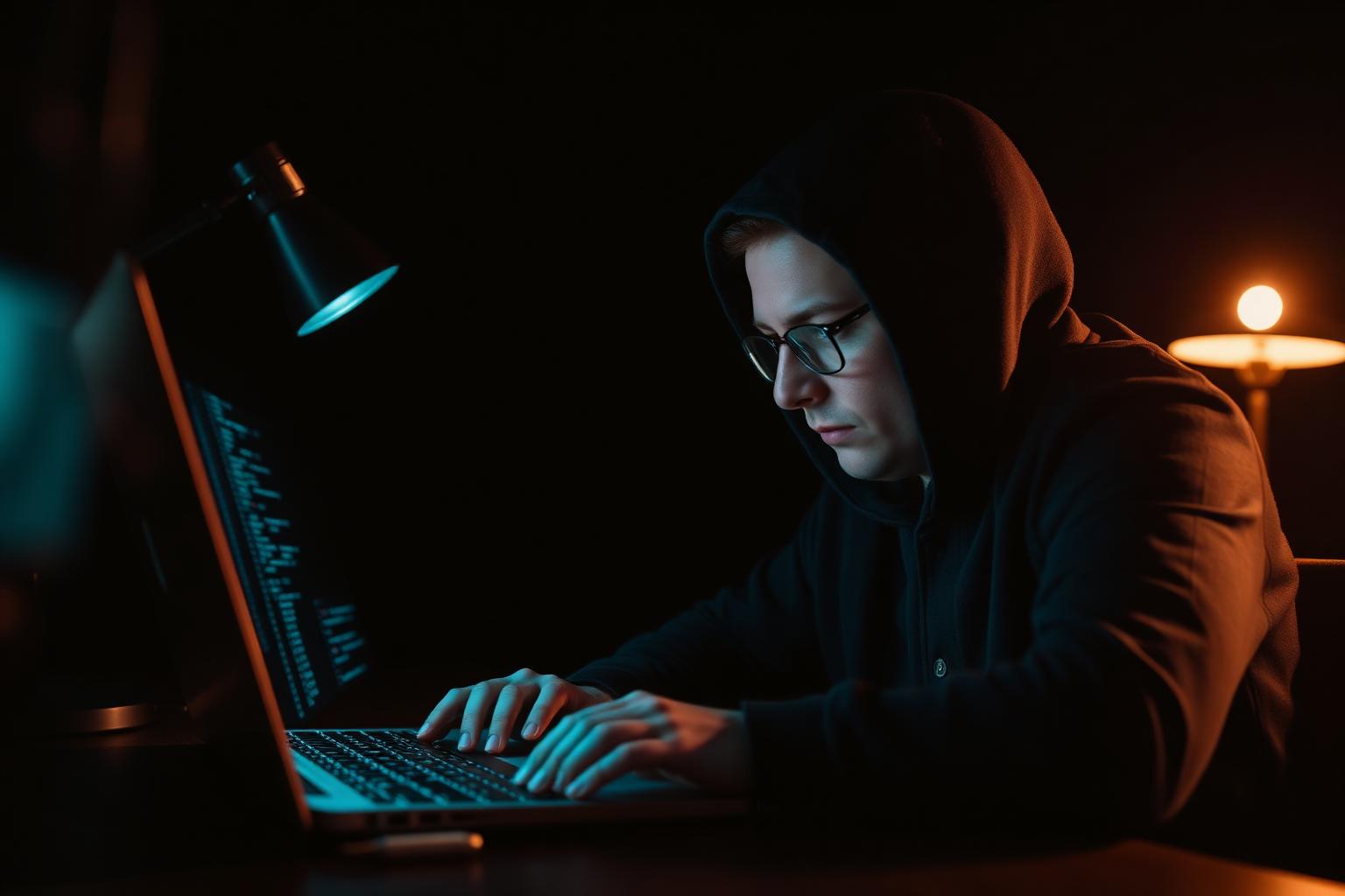 Penetration tester analyzing code in a dark room