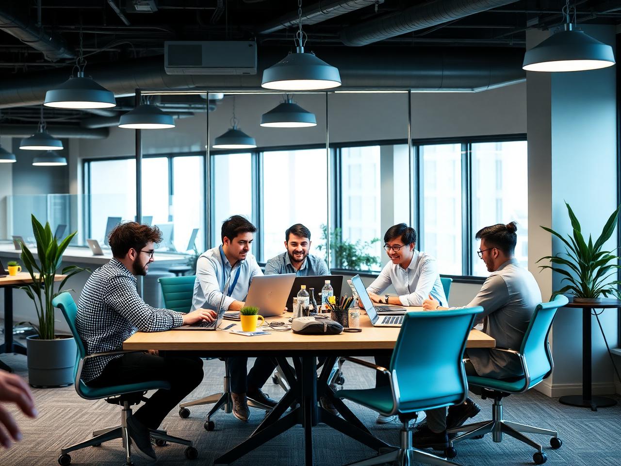 Small team collaborating in a modern office with managed IT and security overlay